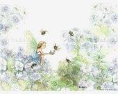 Bumble Bee Tea, Fairy Art Print, 8 X 10,  girls room art, print, fairy in periwinkle blues, with hand painting, art
