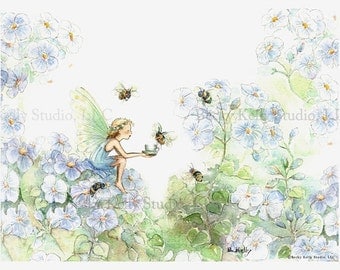 Bumble Bee Tea, Fairy Art Print, 8 X 10,  print, fairy in periwinkle blues, with hand painting, art