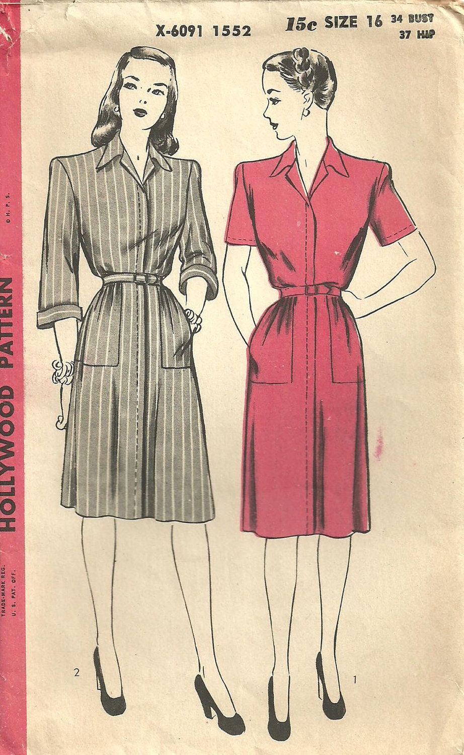 Vintage Forties Sewing Pattern from Hollywood 1552 Dress Size 16
