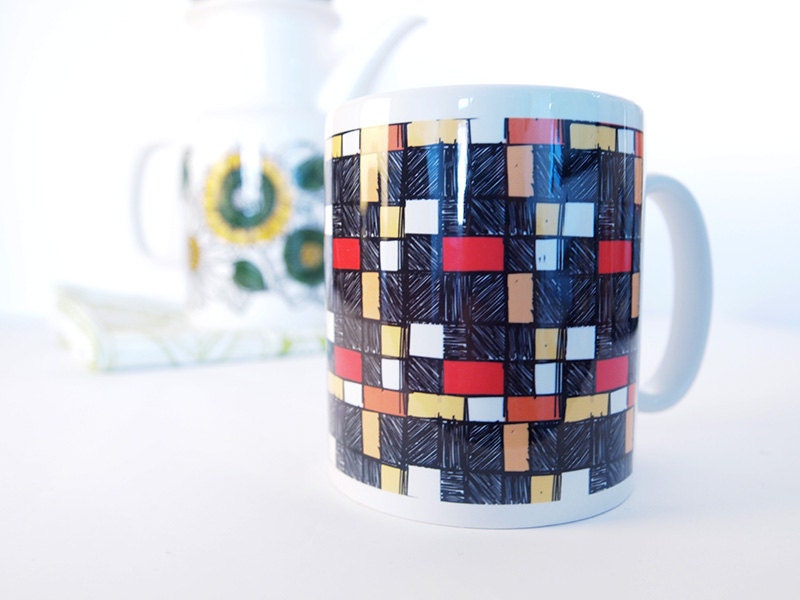 Mug Ceramic Coffee Cup Unique Modern Pattern Grid Navy Blue Illustration