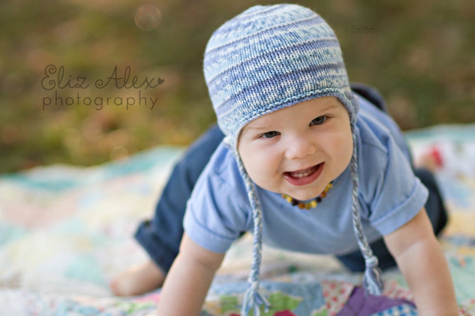 Knit Earflap Hat, Braids Blue White Multicolored, 6 to 12 Month Size (Item 674)