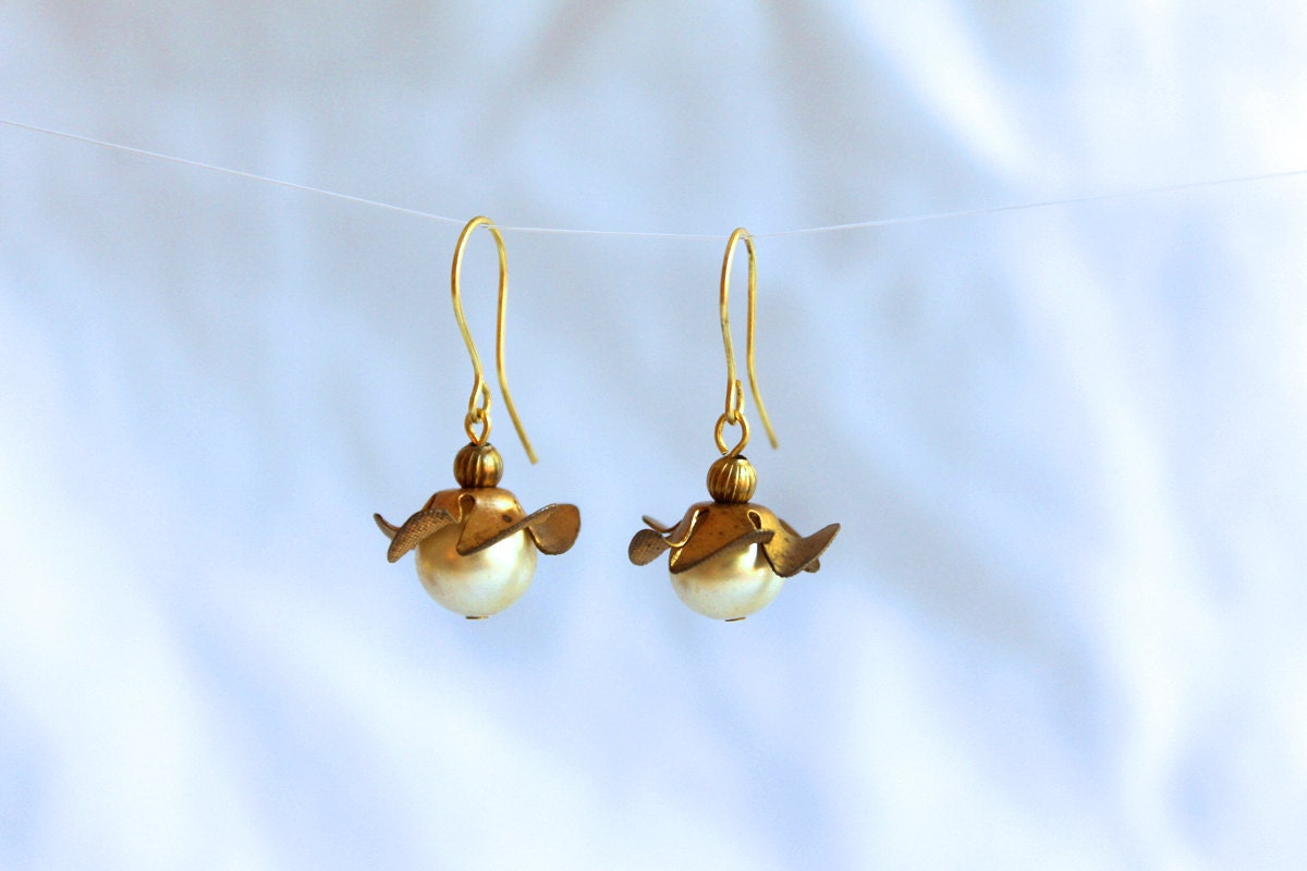 Brass Flower and Pearl Earrings