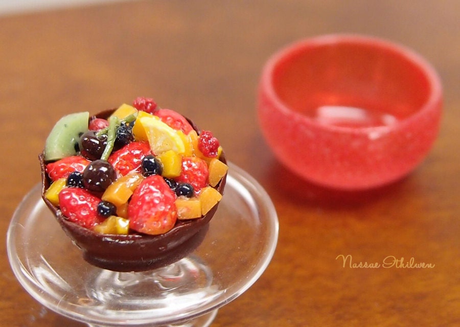 Fruits in chocolate cup with a red bowl - 1:12 dollhouse miniature food dessert/ jewelry necklace