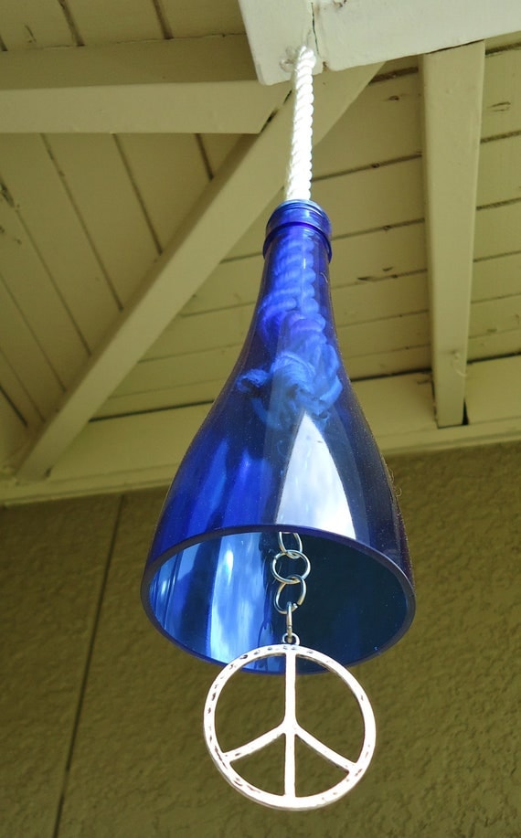 Peace Wind Chime made from an Upcycled Cobalt Blue Wine Bottle