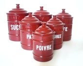 Set of 6 Antique Red Burgundy Enamelware Canisters
