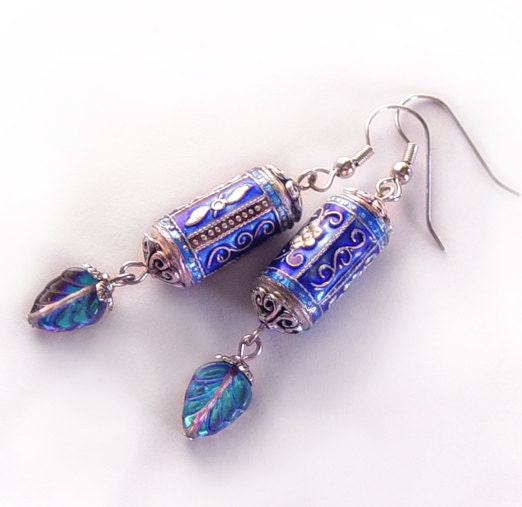 Blue dangle earrings, leaf earrings, cloisonne jewelry, antique earrings, enamel earrings, enamel jewelry
