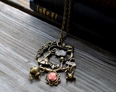 Where Should I Go - Alice In Wonderland Necklace - Gifts Under 25 - Gifts for Her - Pink - Antique Bronze - Rabbit - Woodland