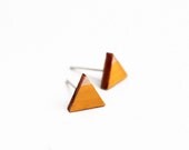 Triangle geomeric stud earrings - yellow, natural wood - minimalist, modern hand painted wooden jewelry