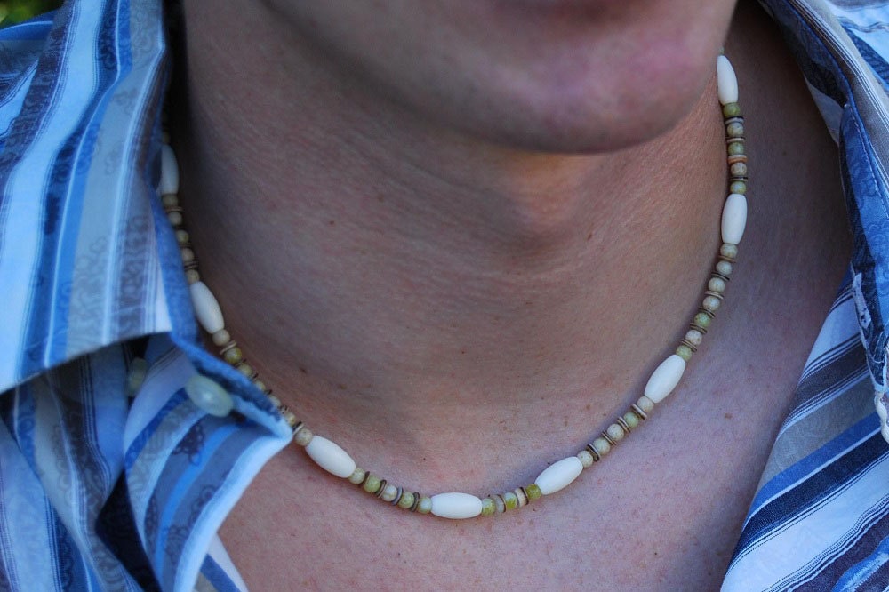 Cowabunga - 19 In. Necklace - Feldspar, Sea Shell & Bone - Handmade Gemstone Jewelry Gift Under 30 for Men, Women, Unisex Teens