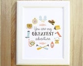 You Are My Greatest Adventure 8x10 outdoorsy moonrise kingdom inspired illustration handwritten quote for love children family nursery