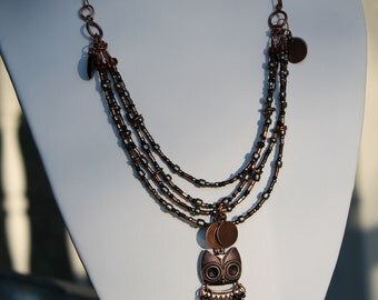 City Owl - Handmade Statement Necklace Copper Owl Multistrand - Removable Pendant Owl (Stylish, Ethnic, 2 Looks) FREE Gift Box