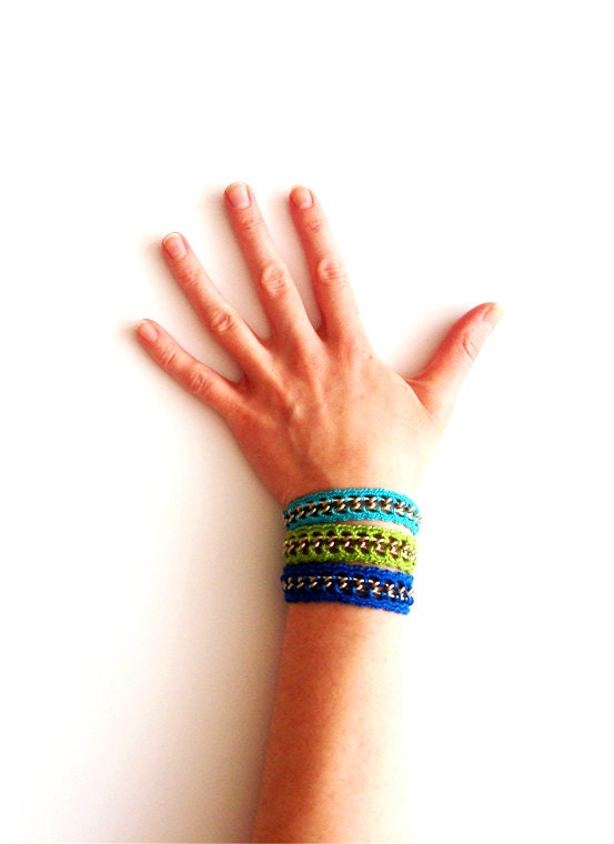 Crochet Chain Bracelet, Blue and Silver