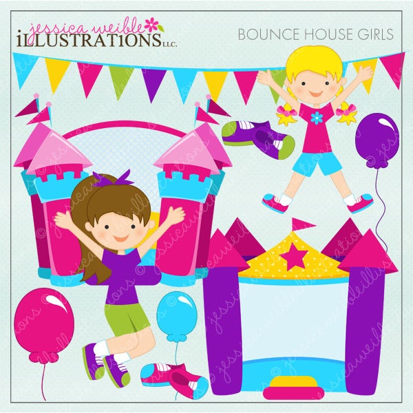 Bounce House Girls Cute Digital Clipart for Card Design, Scrapbooking, and Web Design Il_570xn