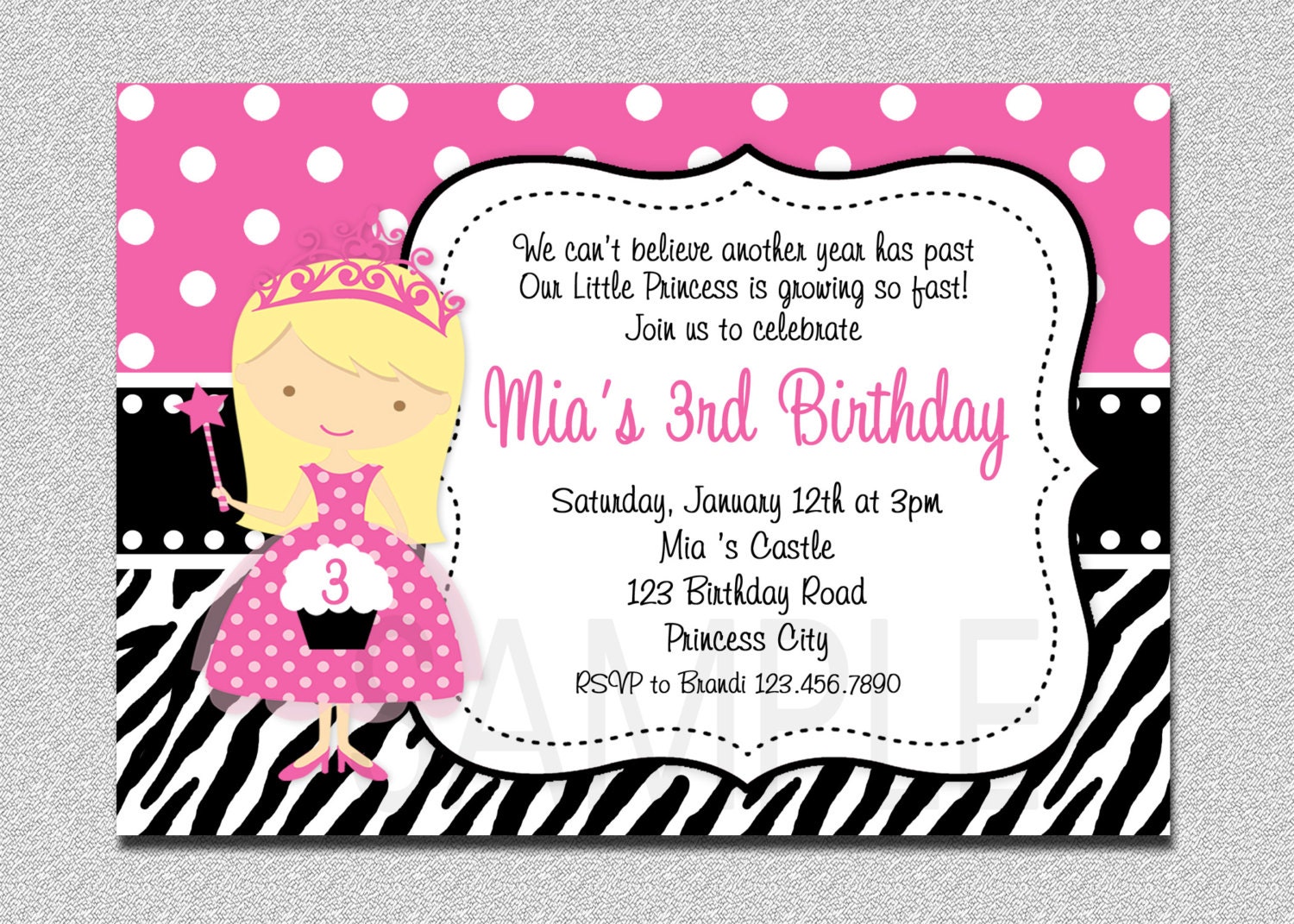 Princess Cupcake Birthday Party Invitation Princess Zebra Birthday Invitation Il_170x135