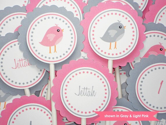 Baby Shower Cupcake Toppers - Personalized Bird Themed Decoration - Colors and Text Customizable Il_570xn