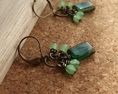 Czech Glass Dangle Earrings in Blue and Green--Planetary