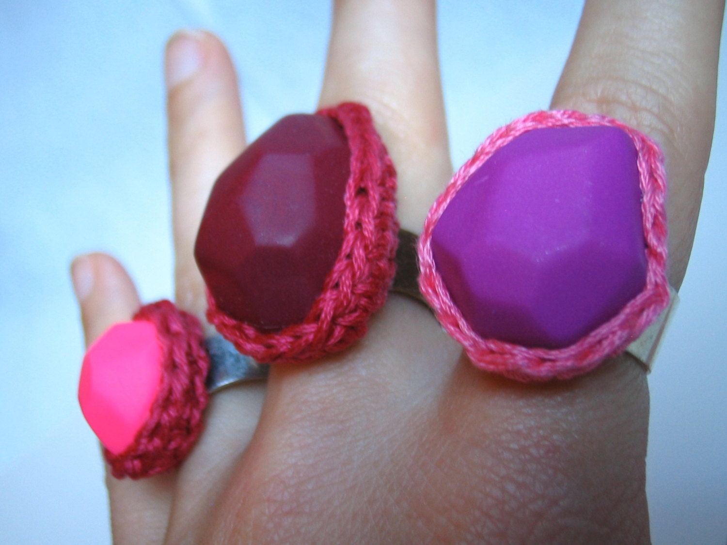 Giant Berry Geometric Ring with Crochet Bezel by Even Howard. Adjustable wide band easily fits 7-10. Chunky Cocktail ring.