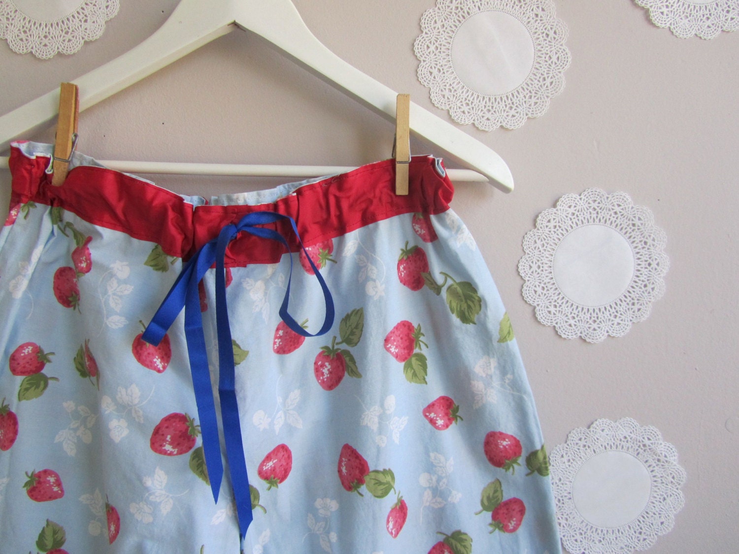 Strawberry Fields cotton pajamas, upcycled fabric eco friendly spring fashion