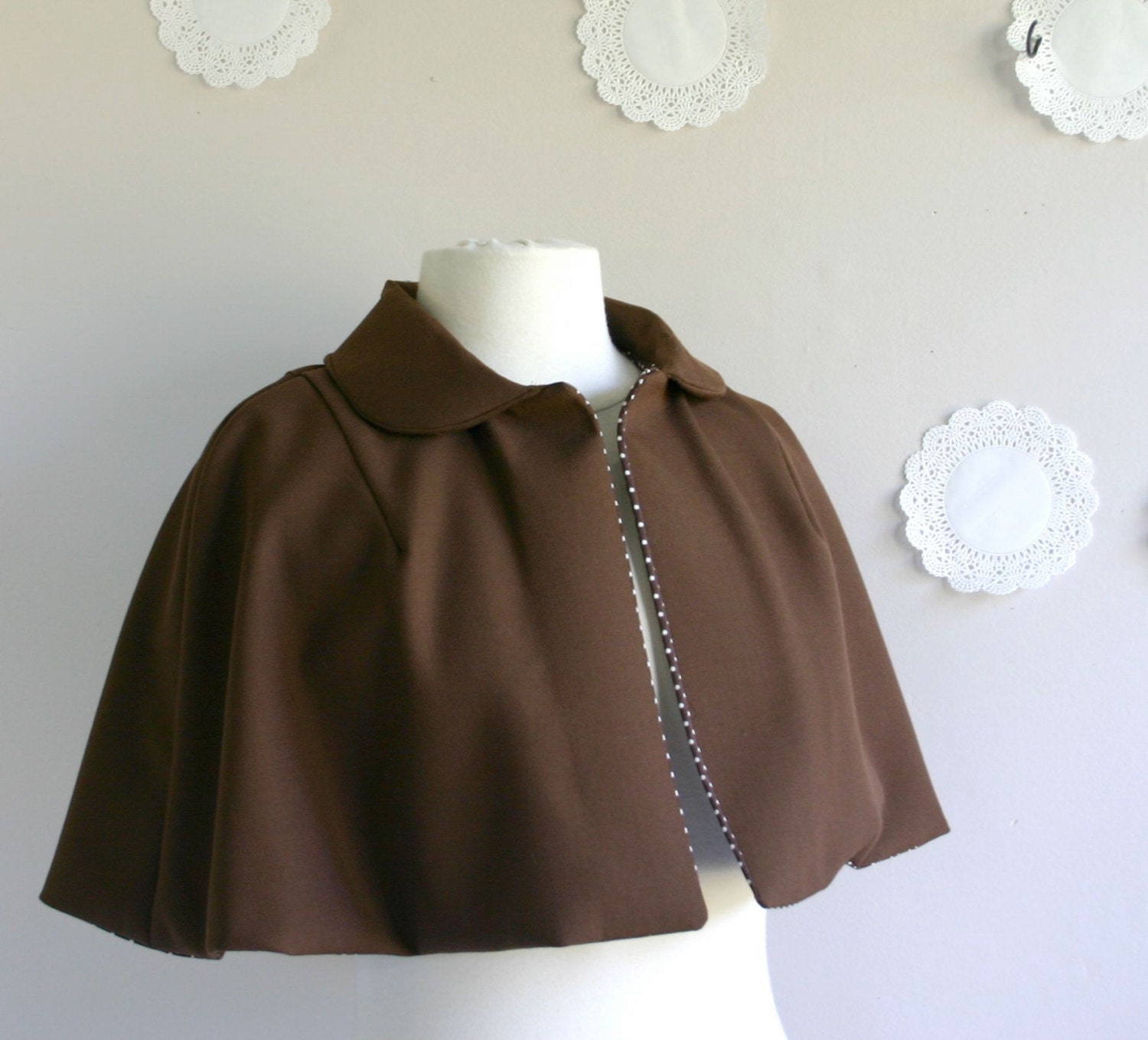 The Betty short fitted capelet in wool peter pan collar polka dot lining mad men fashion
