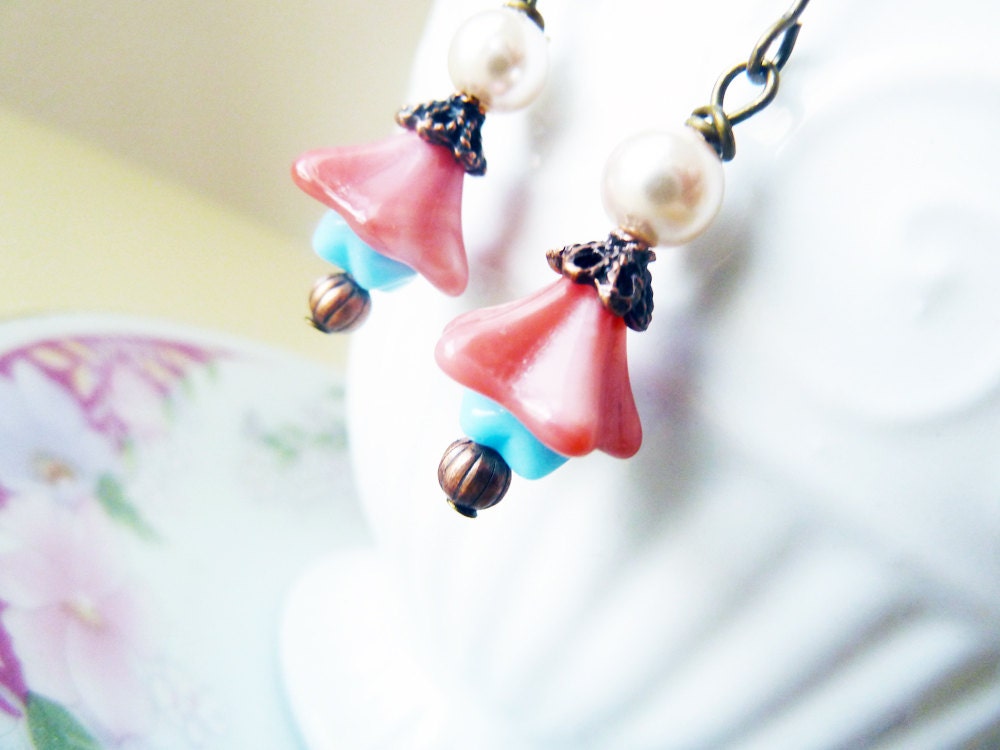 Dangle Earrings, Dusty Pink Bell Flowers Baby Blue Ruffle Pearl Copper