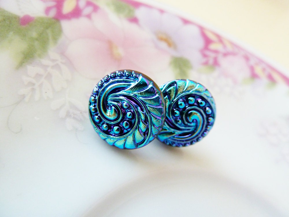Glass Post Earrings, Shimmering Purple Blue Celestial Swirl Earrings Made With Vintage Czech Glass Buttons