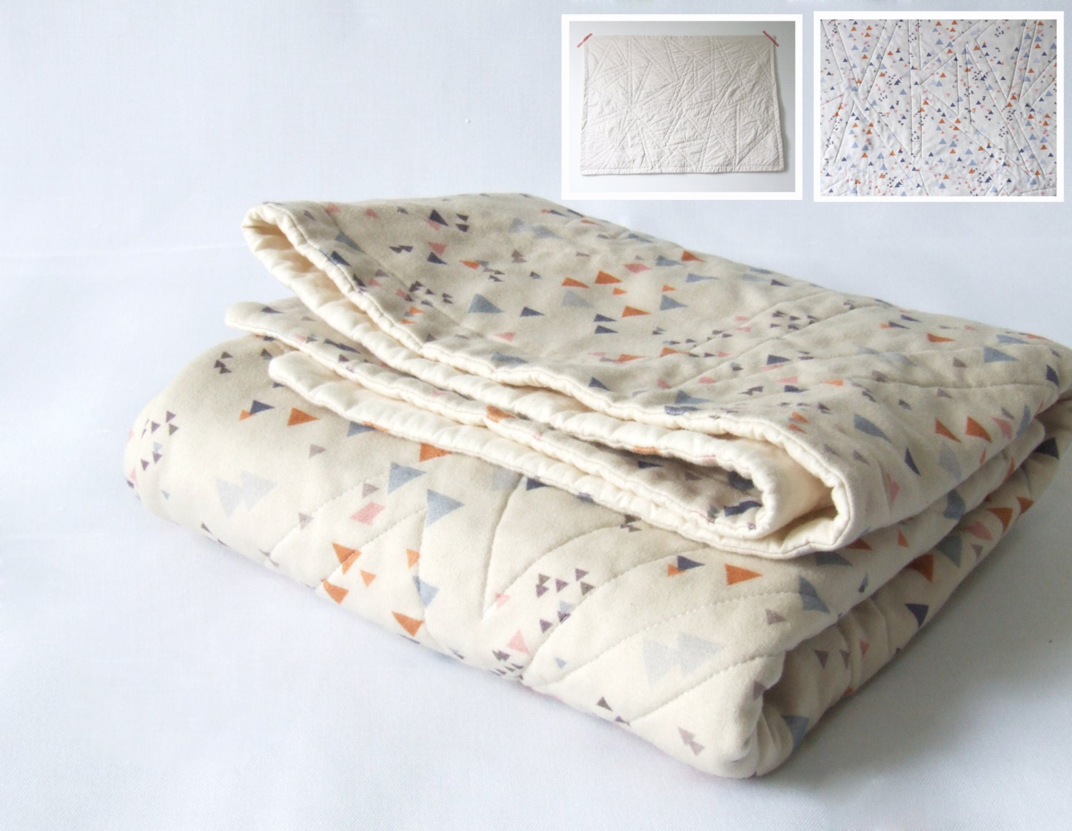 READY TO SHIP - organic cotton baby quilt - tiny triangles in blue, orange, pale pink and cream