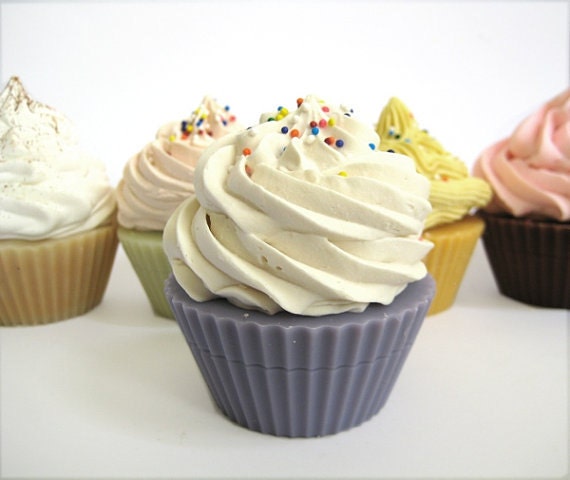Mother's Day Soap Gift Box Cupcake Soap - lavender colored bottom white top - fresh floral mostly violet with slight fruit - NO powder notes