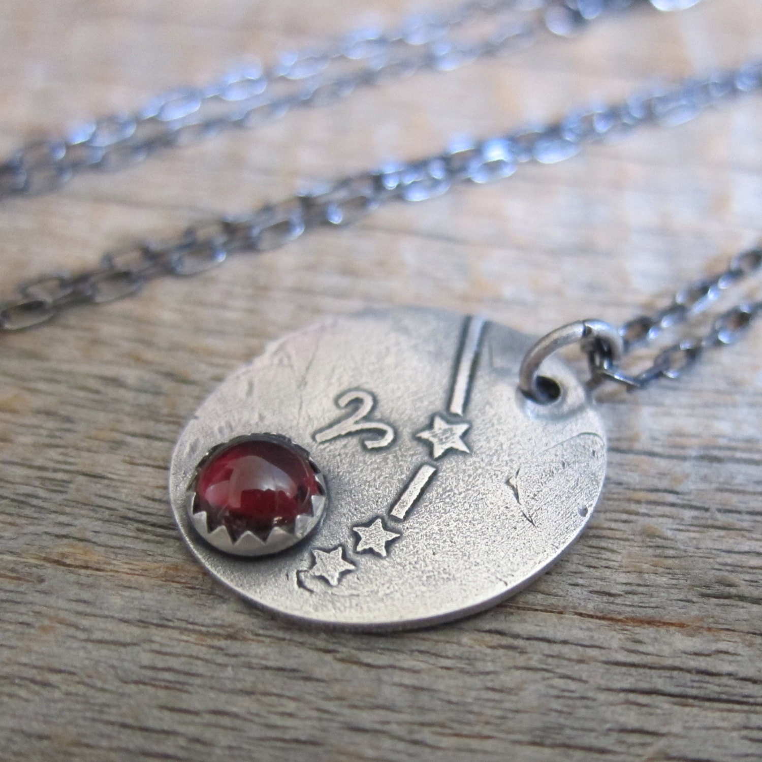 Constellation Aries Necklace ... Fine Silver Garnet Bezel Zodiac Pendant