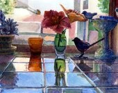 Print Matted to 11x14 Watercolor Still Life Bird Lily Flower Reflections Kitchen DelPesco
