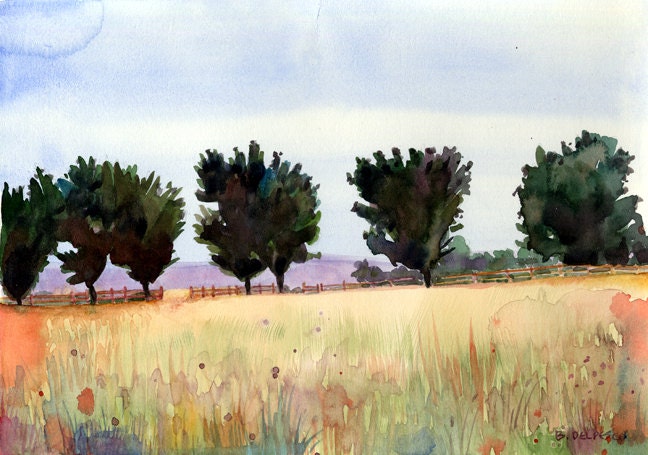 Print Matted to 11x14 Watercolor Property Line Trees Meadow Mountains DelPesco