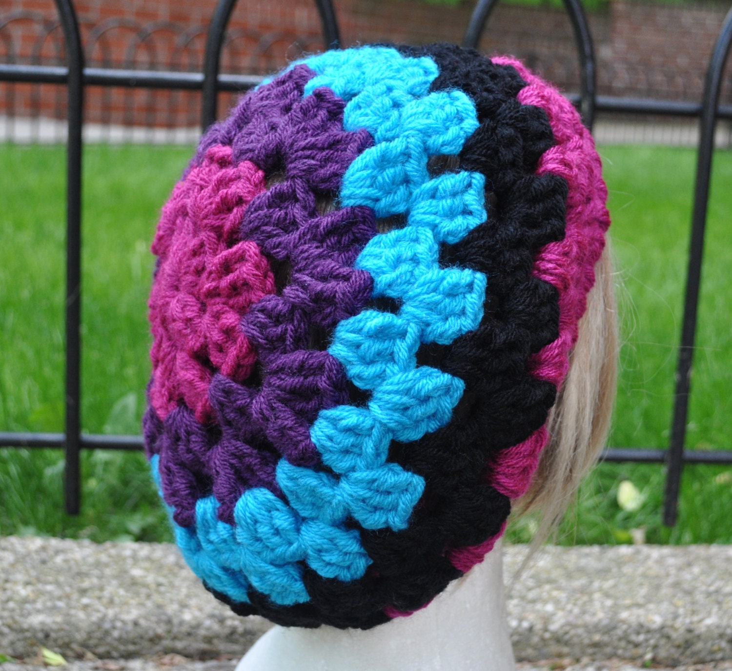 Retro Style Granny Square Hat - Purple, Black, Blue and Fuchsia Crochet Hat