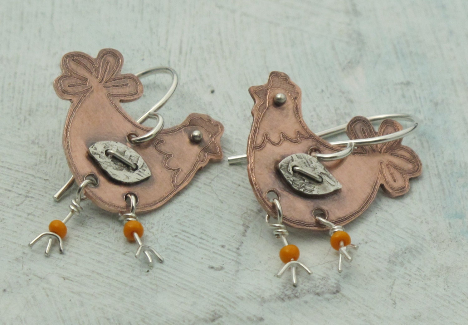 Chicken Earrings - in copper, sterling silver, and glass - by Kathryn Riechert