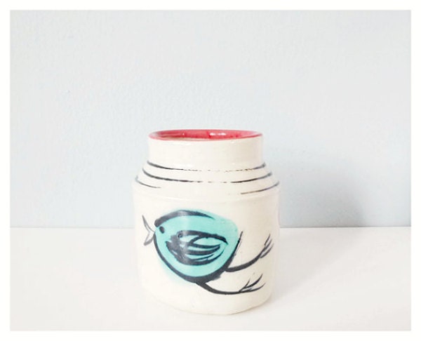 Small ceramic vase bird and fish illustration - handmade modern pottery vase teal red black white