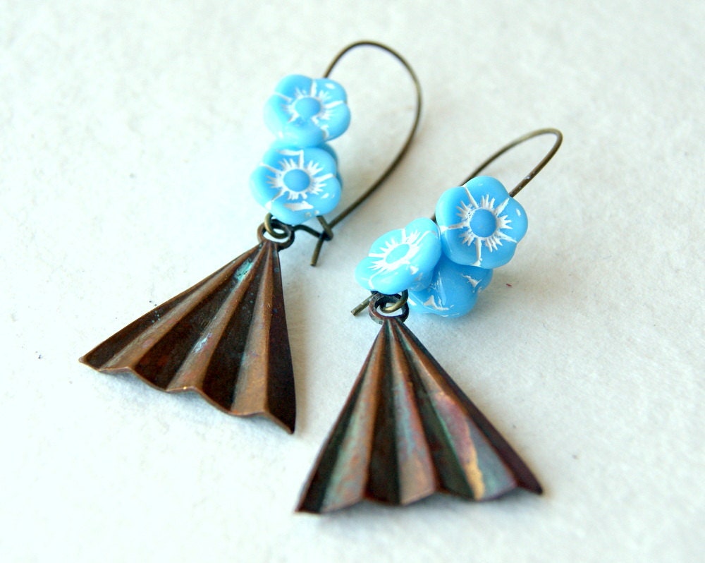 Light Blue and White Flower Earrings, vintage glass beads, vintage brass triangles, Industrial Flora, for the gardener