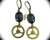 STEAMPUNK EARRINGS Gearrings in Montana Blue and Brass by Nouveau Motley