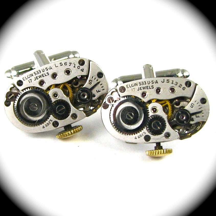 Stemmed Steampunk Cufflinks ELGIN Oval Vintage Watch Cufflinks Ruby Jeweled MATCHED Elongated Ovals