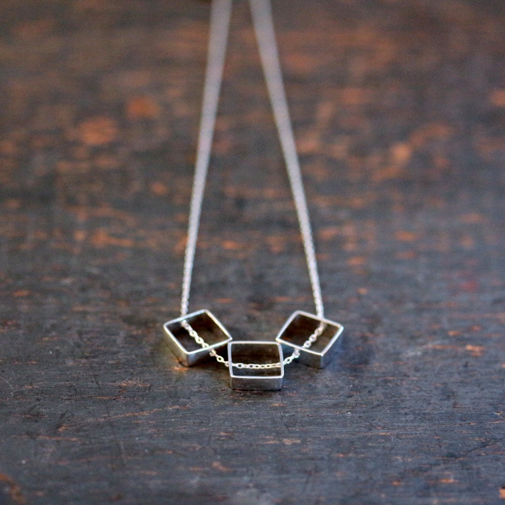 Sterling Silver Square Trio Necklace Three Geometric Slide Modern Handmade Jewelry