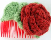 Red Rose left hair comb, hand crocheted large side comb with leaf and stem for women, girls, dancers, burlesque, party, prom, or gift
