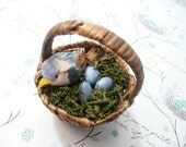 Bird Nest Minature - moss, Mama with three handmade blue polymer clay eggs