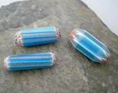 Trade Beads in Teal Stripes with Chevron, 3 Beads, DIY Jewelry Design, Clearance Sale, Willow Glass