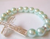 Seafoam Pearl Stretch Bracelet, Rhinestone Cross, Glass Pearls, Religious Jewelry