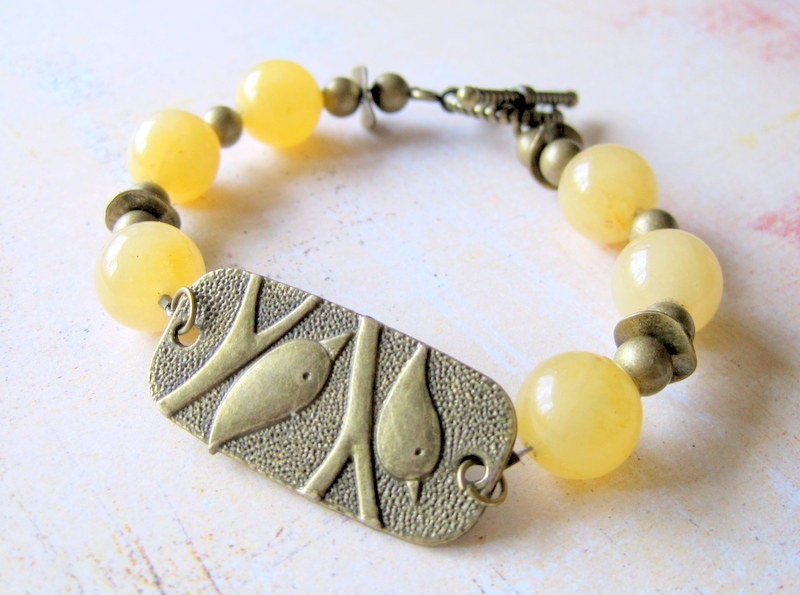 Honey Jade Stone Bracelet, Antique Brass, Rustic Design, Nature Inspired Focal Bead