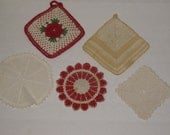 Vintage Pot Holders Doily Crochet -- Potholders and Doily in Red, White, Cream and Yellow