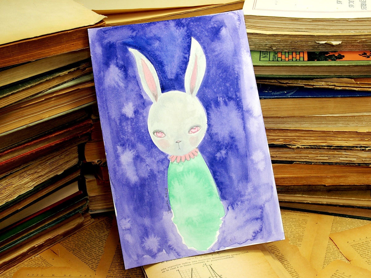 Bunny In Green And Pink - Original Watercolor Painting on Paper by Danita Art ( 7 x 10 Inches)