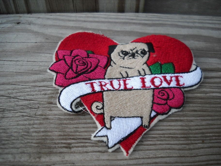 Pug Tattoo True Love Heart and Roses Embroidered Patch