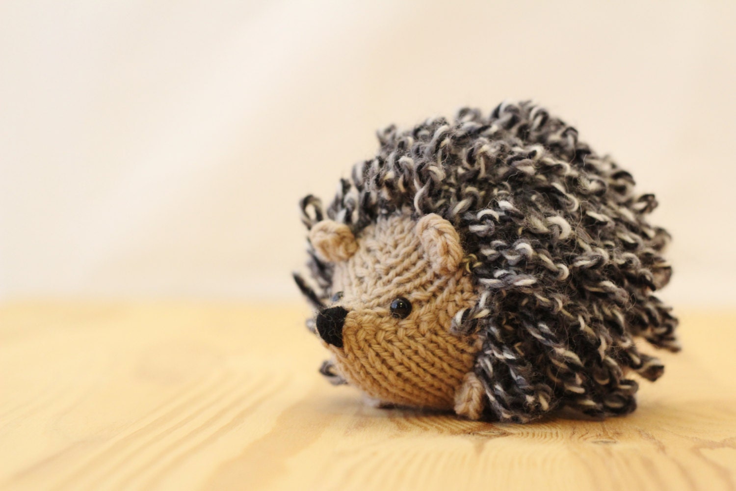 Little knitted hedgehog in tan and tweed, stuffed wool toy