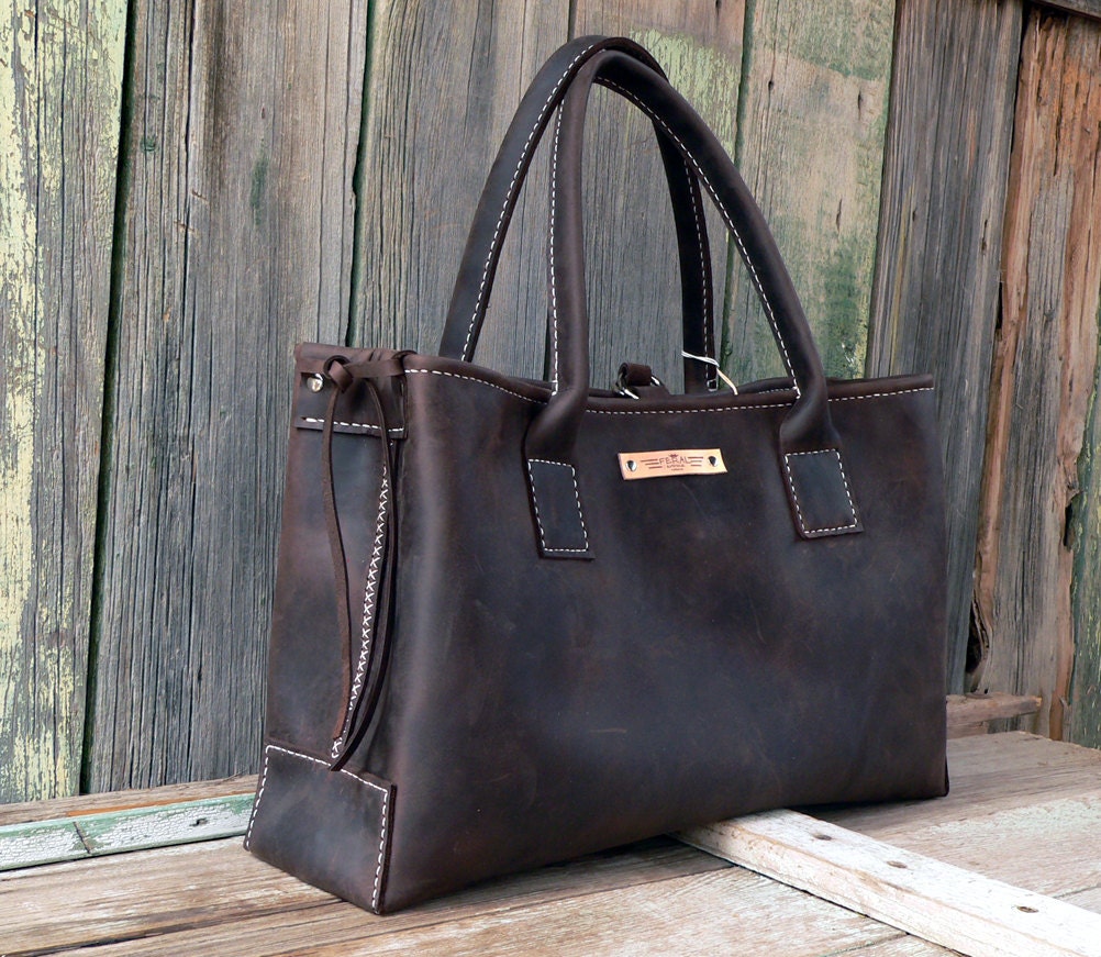 Leather Tote Large hand stitched bag Rustic brown