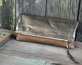 Fold over clutch purse Bronze Gold metallic leather bag for her graduation