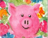 Original ACEO Pig in Peonies, ranunculus and aqua flowers Watercolor Painting, PIG ART