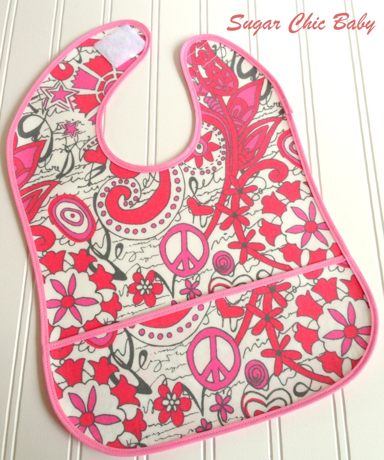 SALE...Waterproof Toddler Baby Bib .... LAMINATED COTTON .... Love & Peace in Flamingo Pink